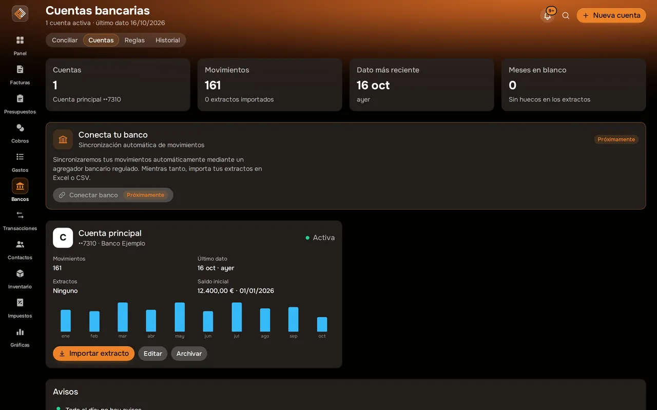 Cuentas bancarias con su saldo y movimientos (captura real con datos de ejemplo)