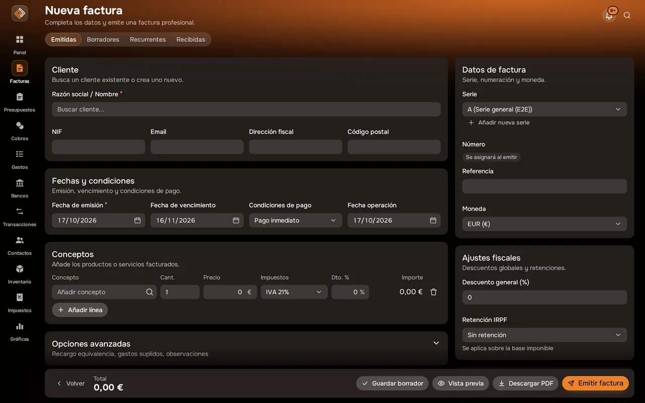Editor de una nueva factura (captura real con datos de ejemplo)