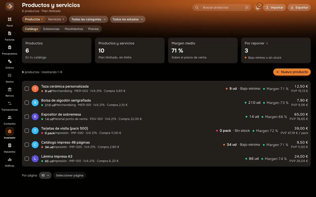 Catálogo de productos y servicios con existencias y precios (captura real con datos de ejemplo)