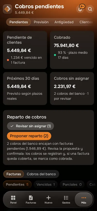 Cobros pendientes con importes por cliente y vencimiento (captura real con datos de ejemplo)