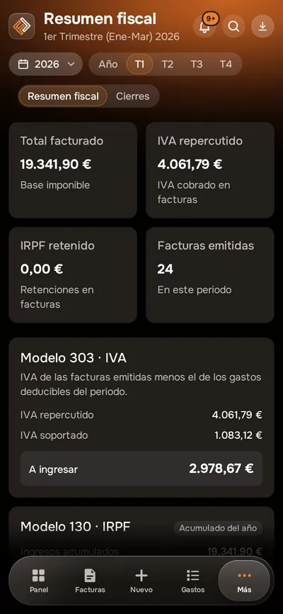 Resumen fiscal del trimestre con IVA y retenciones (captura real con datos de ejemplo)