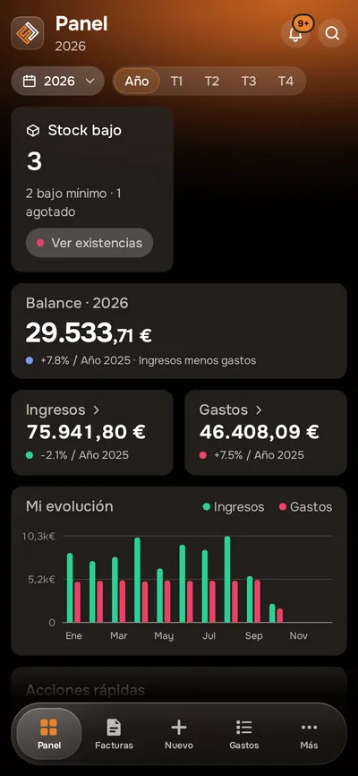 Panel de Facturales en el móvil (captura real con datos de ejemplo)
