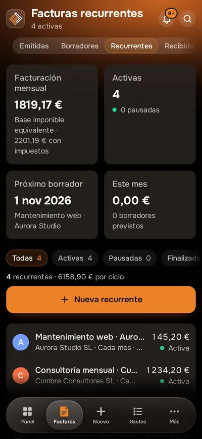 Facturas recurrentes en el móvil (captura real con datos de ejemplo)